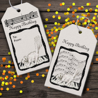 Winking White Cat on Piano Bars of Music Notes Gift Tags