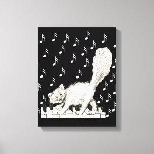 Winking White Cat on Piano Keys Musical Notes Canvas Print