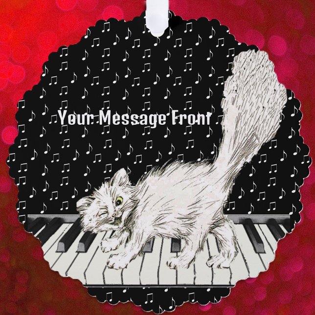 Winking White Cat Walking on Piano Music Notes Tree Decoration Card (Winking white cat walking on piano keys on black and white ornament card with music notes.)
