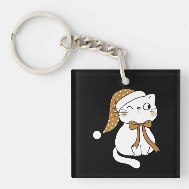 Winking Winter Cat Key Ring (Front)