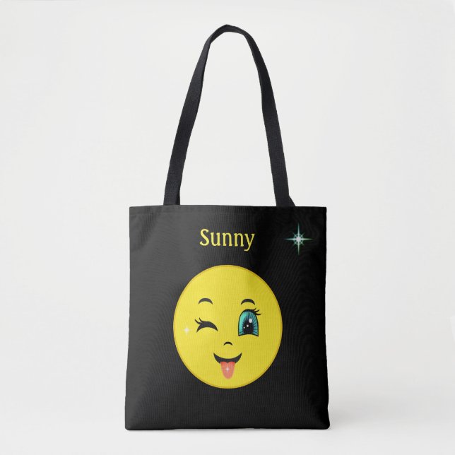 Winky Happy Face Emoji on Black Tote Bag (Front)