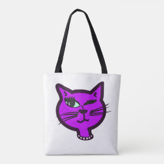 Winky Purple Cartoon Cat Tote Bag
