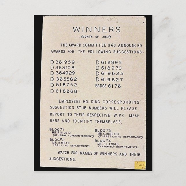 Winners, Month Of July, Watch For Names Of Winners Postcard (Front)