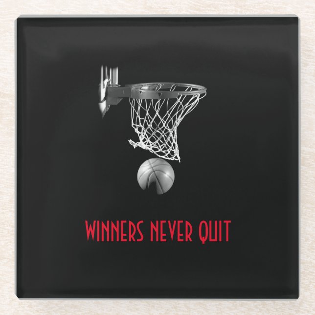 Winners Never Quit Basketball Glass Coaster (Front)