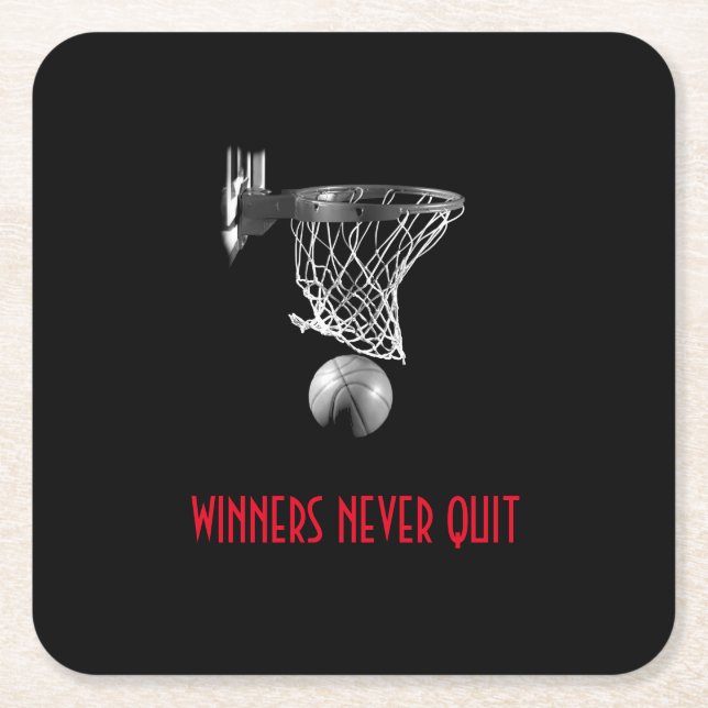Winners Never Quit Basketball Square Paper Coaster (Front)