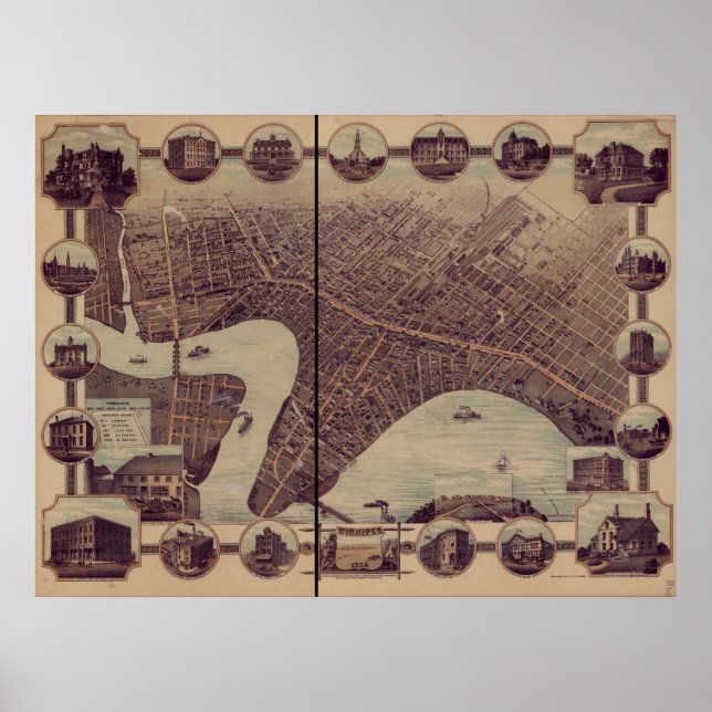 Winnipeg Manitoba 1884 Antique Panoramic Map Poster (Front)