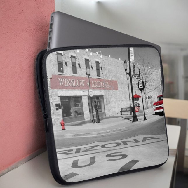 Winslow Arizona Red Splash Photograph Laptop Sleeve (Angle laptop case insitu)