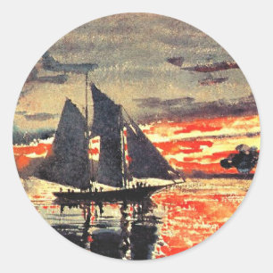 Winslow Homer artwork, Sunset Fires, Classic Round Sticker