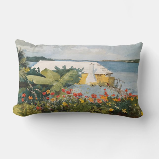 Winslow Homer Flower Garden and Bungalow Bermuda Lumbar Cushion (Front)