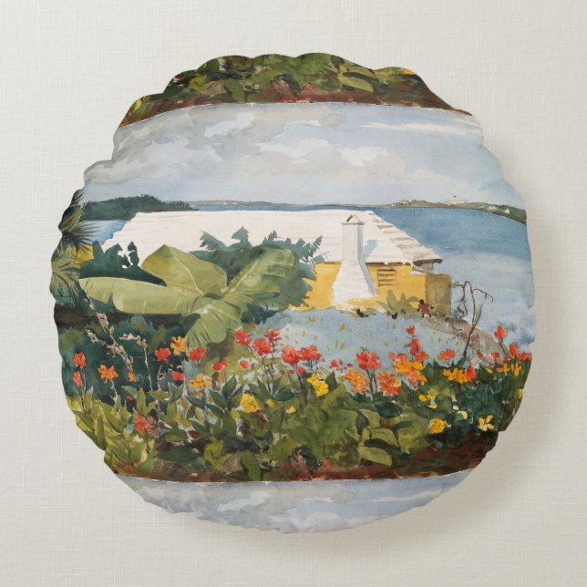 Winslow Homer Flower Garden and Bungalow Bermuda Round Cushion (Front)