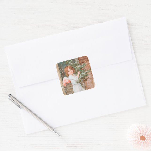 Winsome Angel with Christmas Square Sticker (Envelope)