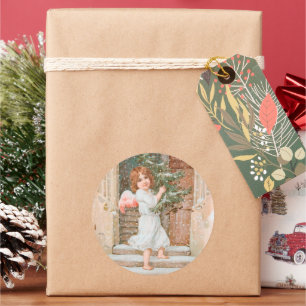 Winsome Angel with Christmas Tree Classic Round Sticker