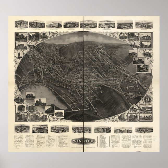 Winsted Connecticut 1908 Antique Panoramic Map Poster (Front)