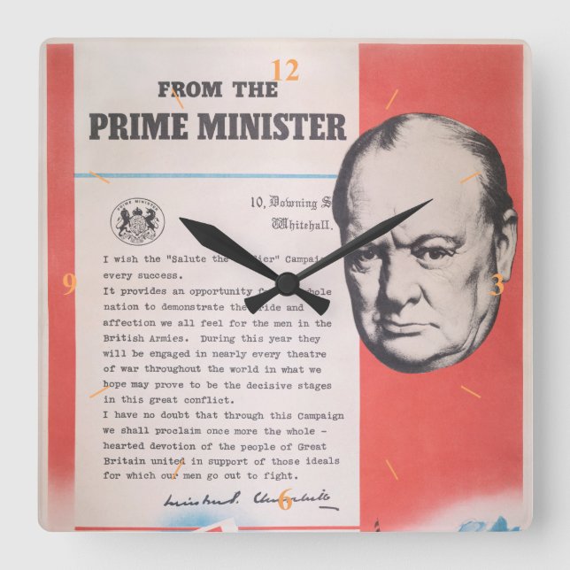 Winston Churchill Square Wall Clock (Front)