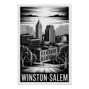Winston-Salem NC Skyline Black White Woodcut Poster