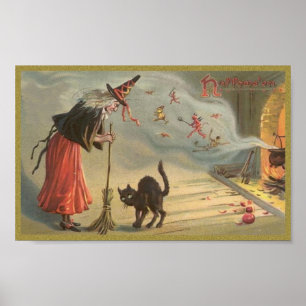 Wintage Halloween Witch, Cat Poster