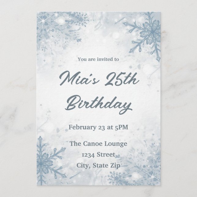 Winter 25th Birthday Invitation – Snowflakes (Front)