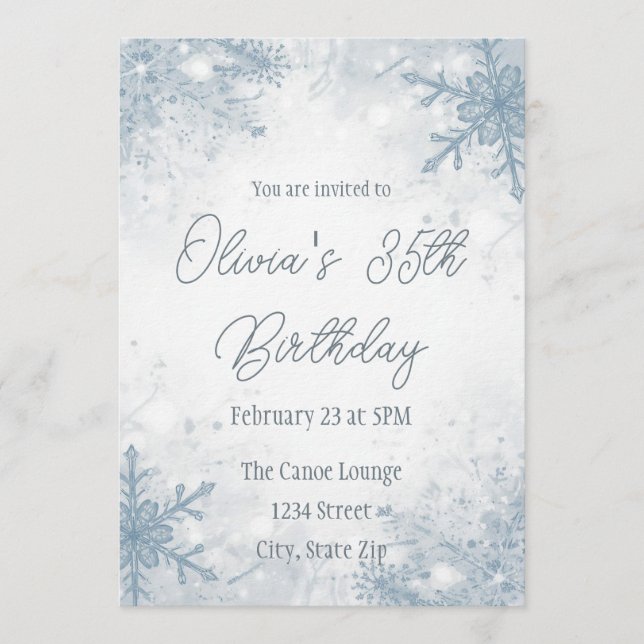 Winter 35th Birthday Invitation – Cool Gray Snow (Front)