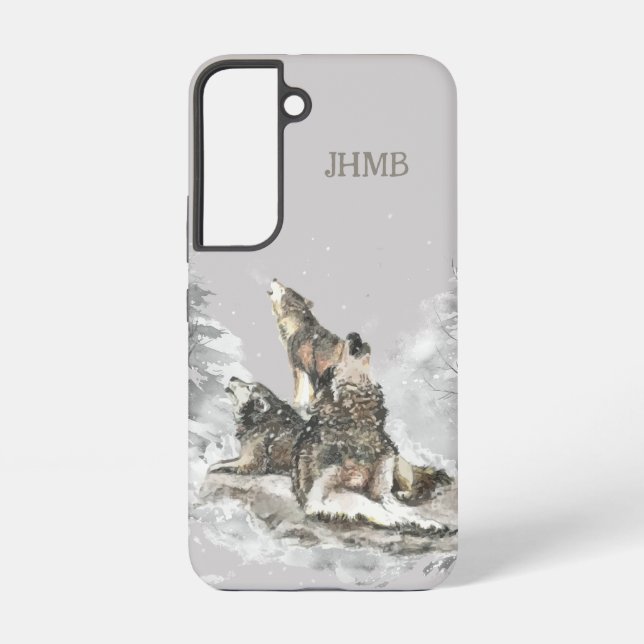 Winter 3 Wolves Howling Animal Art Custom Initials Samsung Galaxy S22 Case (Back)