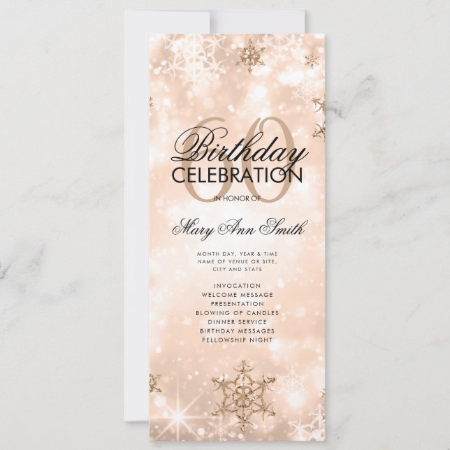 Winter 60th Birthday Program Rose Gold Menu Invitation (Front)
