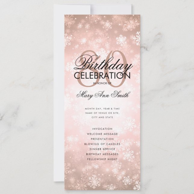 Winter 80 Birthday Program Rose Gold Wonderland  Invitation (Front)