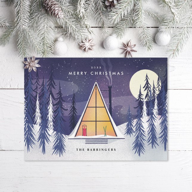 Winter A Frame Ski Chalet Illustrated Photo Holiday Card (Creator Uploaded)