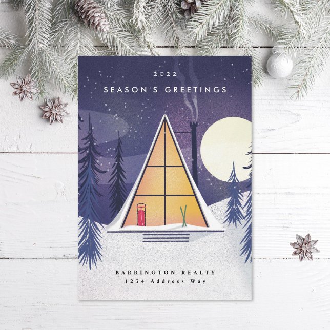 Winter A Frame Ski Chalet Illustrated Portrait Holiday Card (Creator Uploaded)
