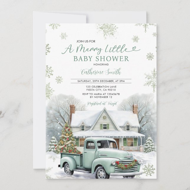 Winter A Merry Little Baby Shower Truck Snowflakes Invitation (Front)