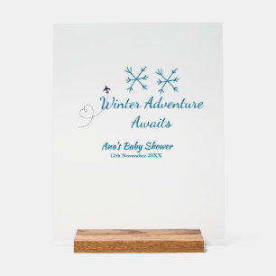 Winter Adventure awaits baby shower blue snowflake Acrylic Sign