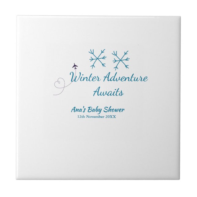 Winter Adventure awaits baby shower blue snowflake Tile (Front)