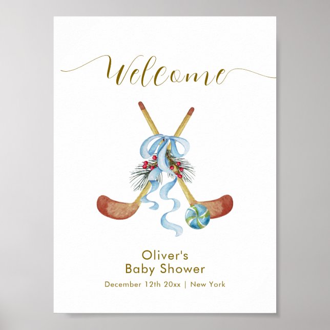 Winter All Star Bow Hockey Baby Shower Welcome Poster (Front)