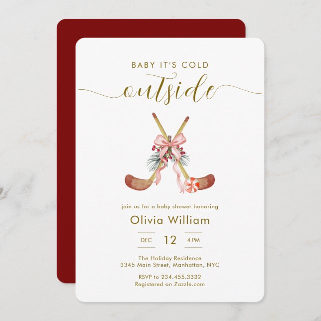 Winter All Stars Bow Hockey Girl Baby Shower Invitation (Front/Back)