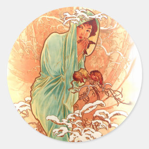 Winter - Alphonse Mucha Art Nouveau Classic Round Sticker