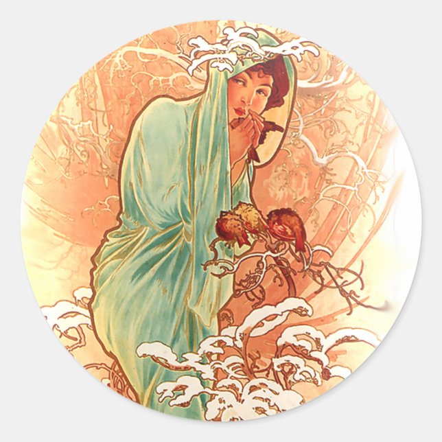 Winter - Alphonse Mucha Art Nouveau Classic Round Sticker (Front)