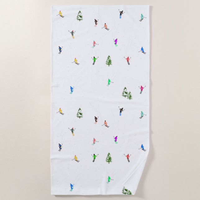 Winter Alpine Skiers Skiing Ski Skis Pattern Beach Towel (Front)