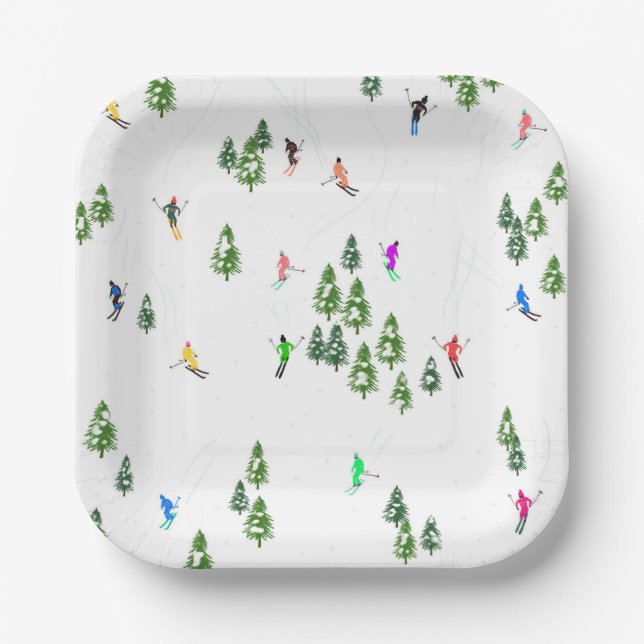 Winter Alpine Skiers Skiing Ski Skis Pattern Paper Plate (Front)
