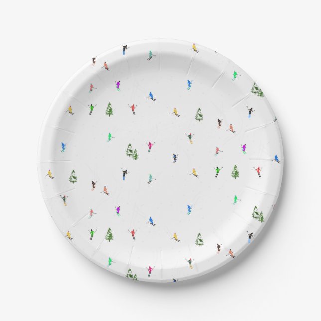 Winter Alpine Skiers Skiing Ski Skis Pattern Paper Plate (Front)