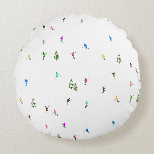 Winter Alpine Skiers Skiing Ski Skis Pattern Round Cushion (Front)