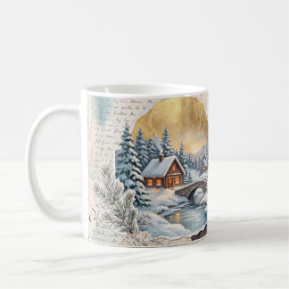 Winter Alpine Village Vintage Botanical Collage Coffee Mug