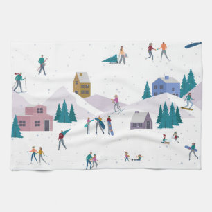 Winter Alps holidays: active people seamless Tea Towel