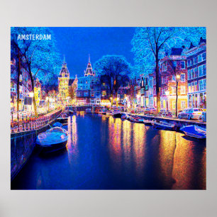 Winter Amsterdam Canal At Night With Boats Poster