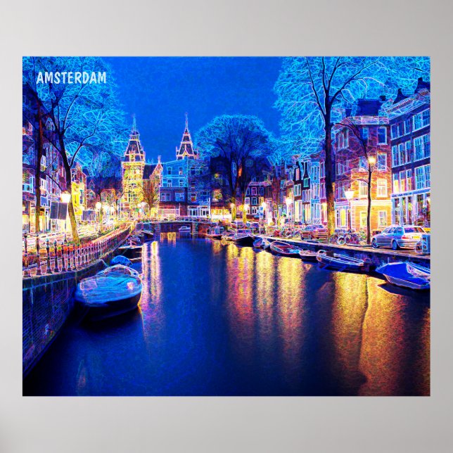 Winter Amsterdam Canal At Night With Boats Poster (Front)