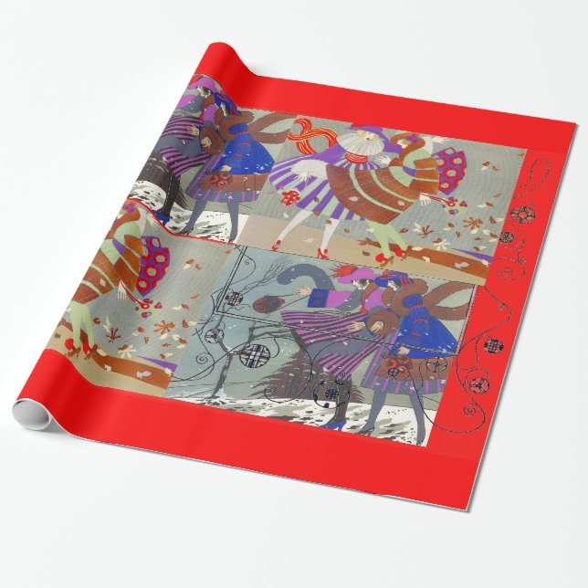WINTER AND FALL ART DECO BEAUTY FASHION ,red Wrapping Paper (Unrolled)