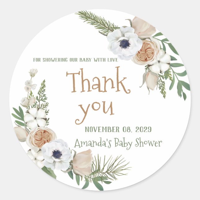 Winter Anemone Floral Cotton Pine Baby Shower Classic Round Sticker (Front)
