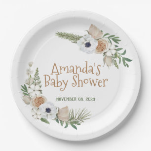 Winter Anemone Floral Cotton Pine Baby Shower Paper Plate