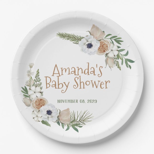 Winter Anemone Floral Cotton Pine Baby Shower Paper Plate (Front)