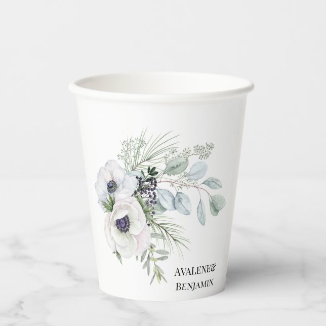 Winter Anemone Floral Hand Painted Wedding Paper Cups (Front)