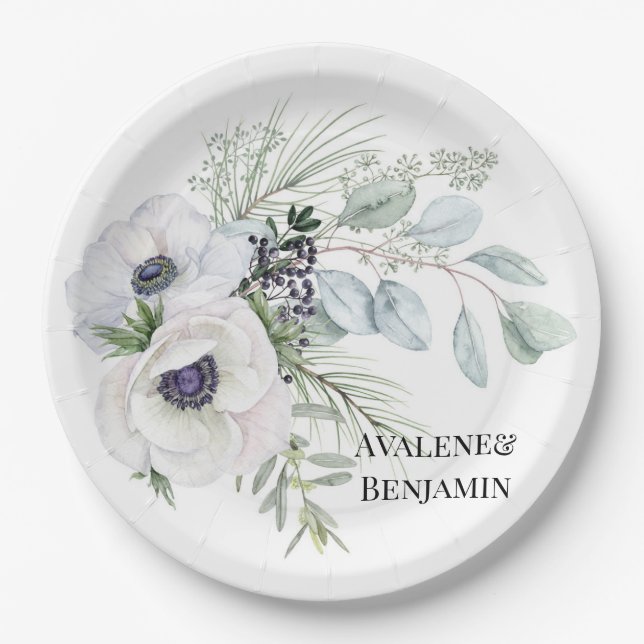 Winter Anemone Floral Hand Painted Wedding Paper Plate (Front)