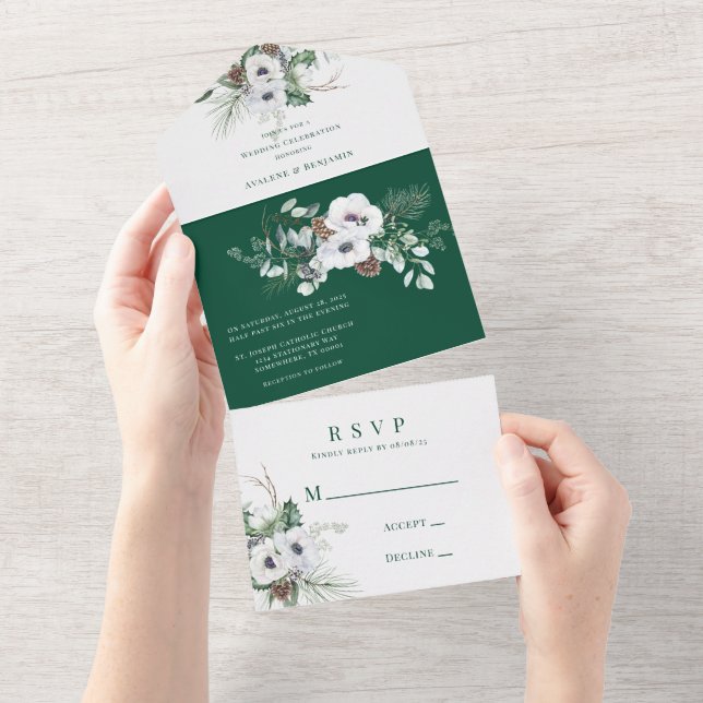 Winter Anemone Hand-Painted Wedding Celebration  All In One Invitation (Tearaway)