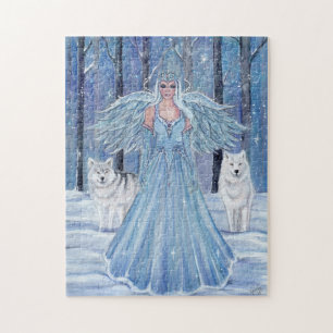 Winter angel puzzle with white wolves by Renee